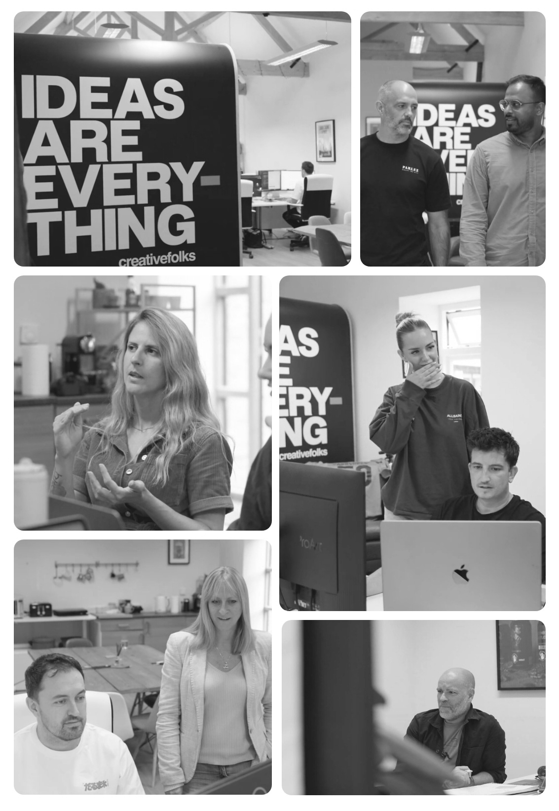 A black-and-white montage of the CreativeFolks team collaborating in the studio